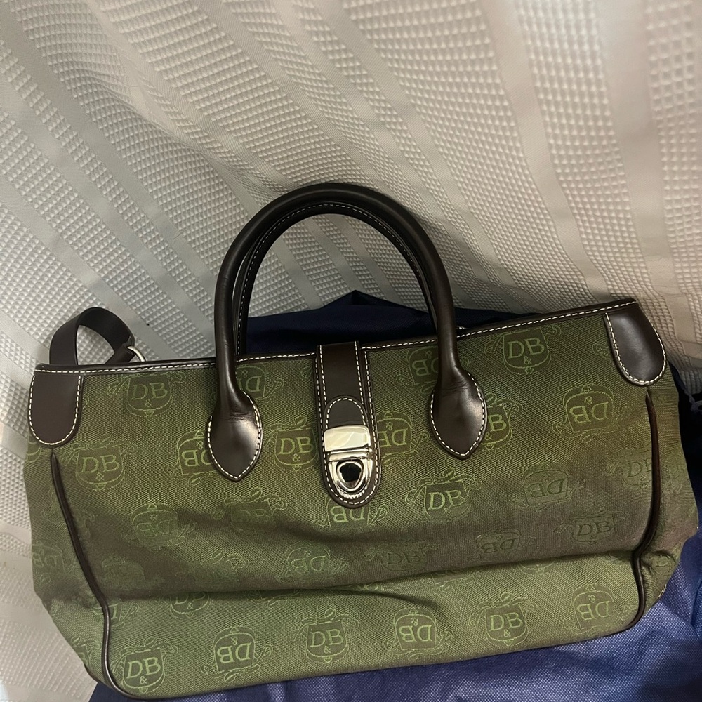 Dooney & Bourke Olive Green Monogram Canvas Satchel with Dark Brown Leather Trim